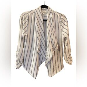 Sweet Wanderer White and Blue Striped Open-Front Waterfall Cardigan Size: Large